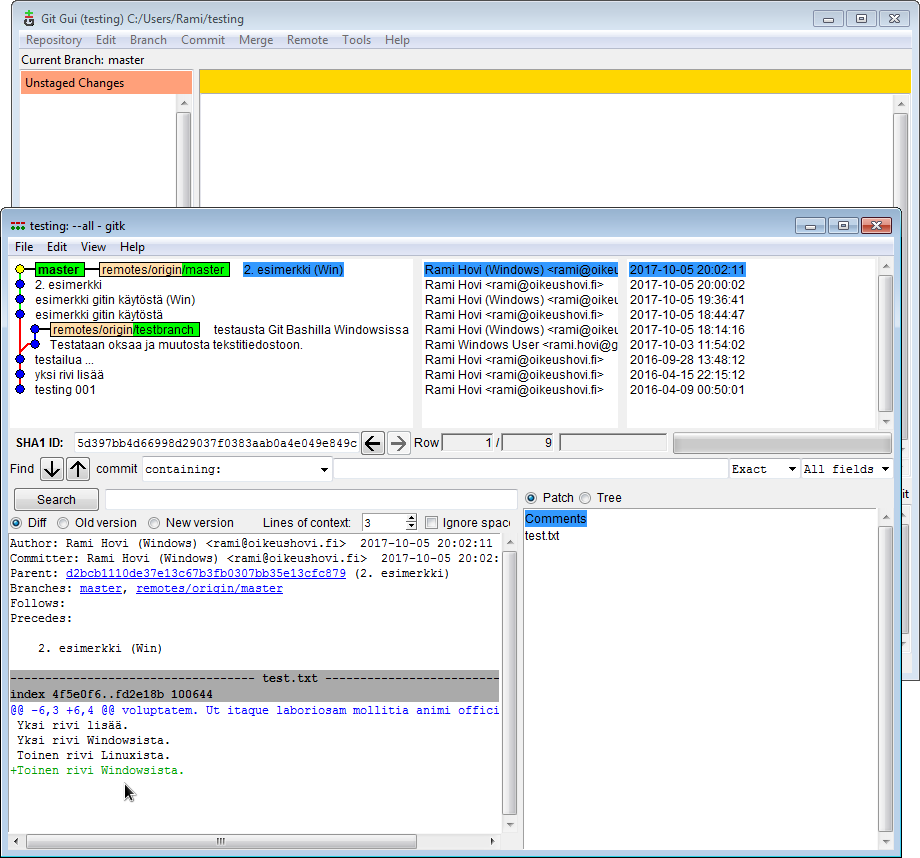 Git GUI -visualisointinäkymä.