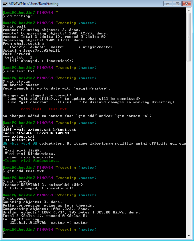 Esimerkki Gitin käytöstä Windowsissa.