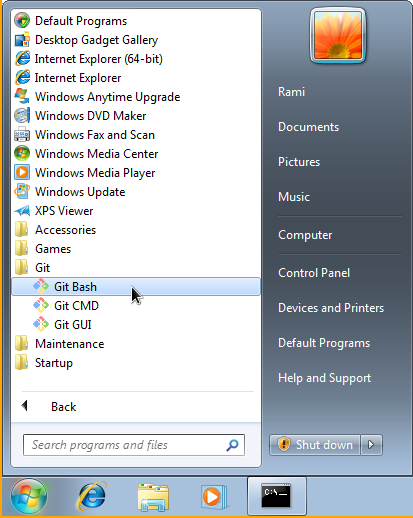 Git Bashin käynnistäminen Start-valikon kautta.